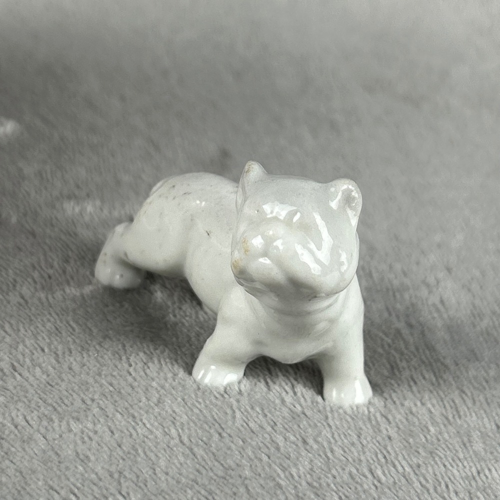 Vintage Miniature Porcelain Bulldog Figurine White Glazed Tiny Dog Collectible
